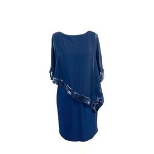 Xscape Blue Asymmetric Sheer Sequin Trim Overlay Sheath Dress Knee Size 2 Petite